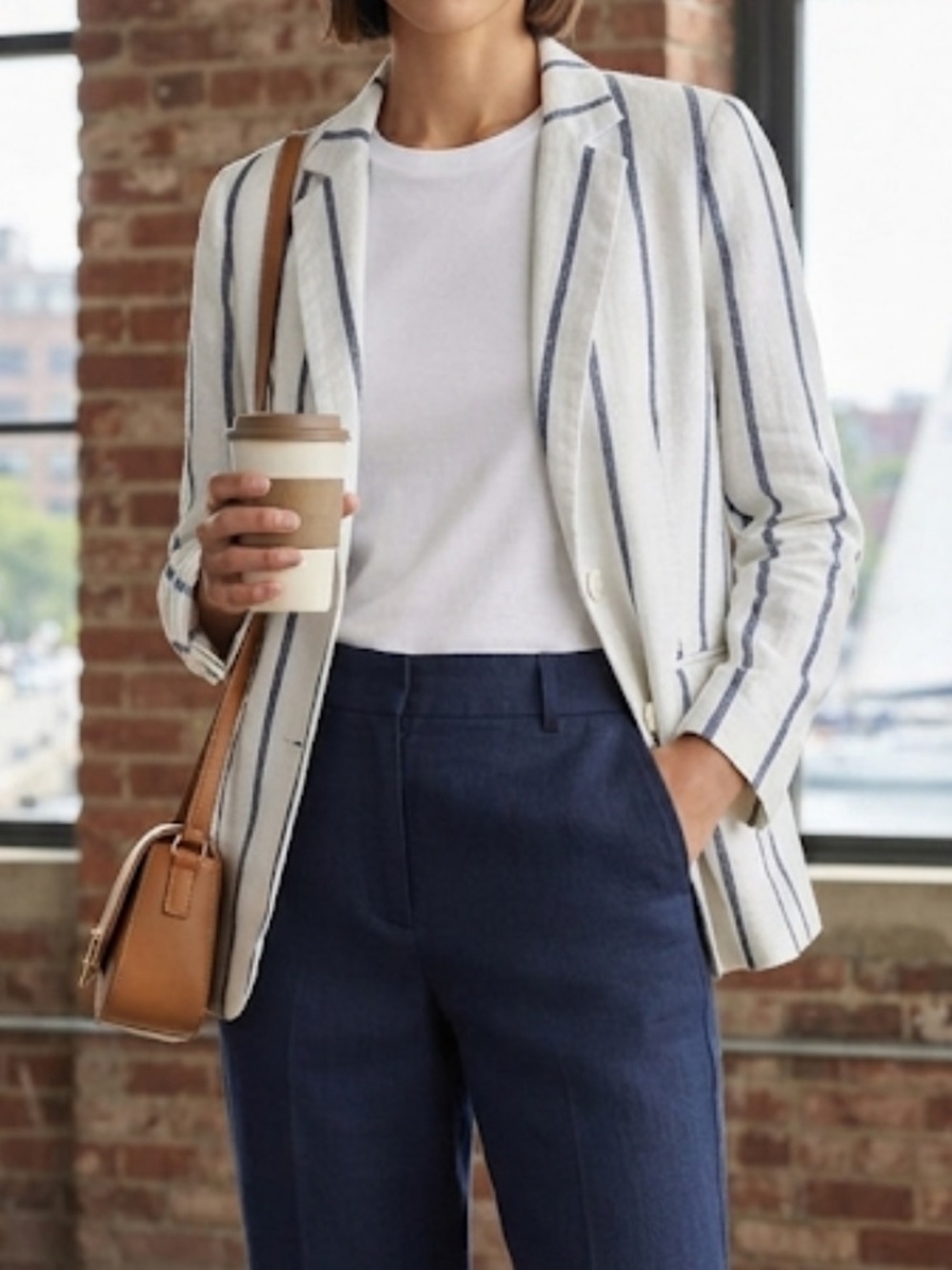 DALIA Linen Blend Striped Blazer Nautical Medium